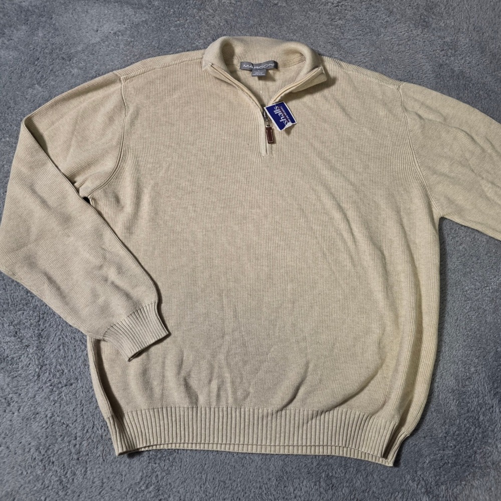 Marconi Mens Large Quarter Zip Sweater Beige Cotton Ribbed Knit Pullover